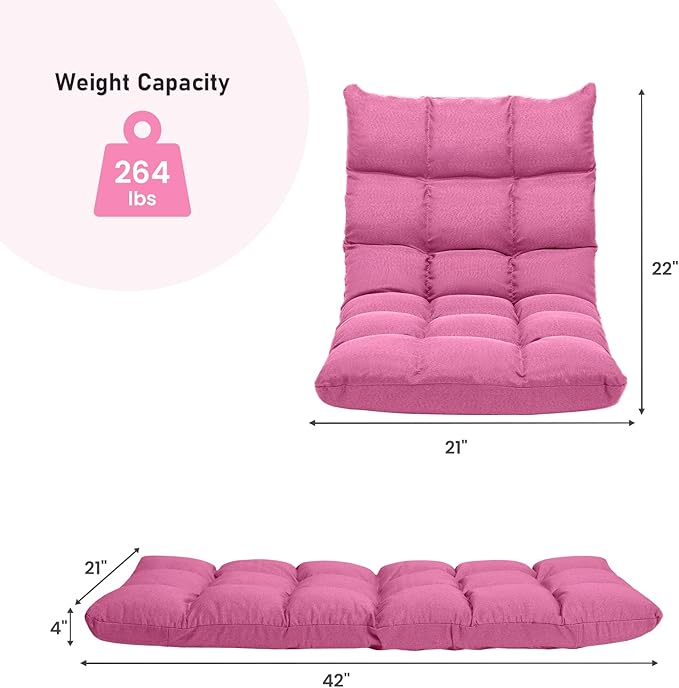 MAT EXPERT 14-Position Floor Chair Floor Gaming Chair w/Resilience Sponge Alloy Steel Frame Padded Bed Couch Recliner Floor Chair with Back Support for Reading Meditating (Pink)