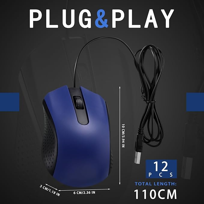 Hoteam 12 Pcs Blue Wired Computer Mouse Bulk Cord USB Computer Mice Ergonomic Wired Mouse for Pcs Computers Laptops Gaming Office Home Supplies