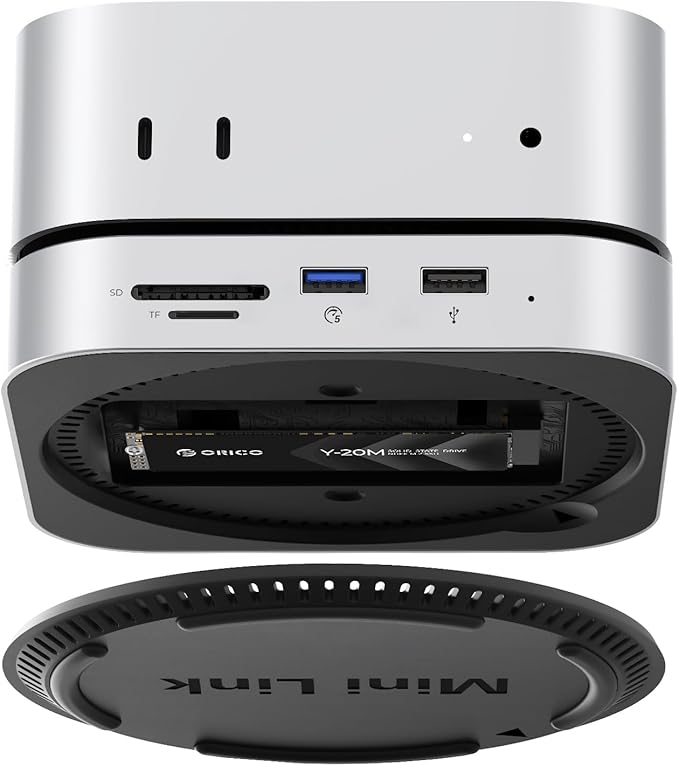 ORICO MiniLink Mac mini M4 Hub with SATA SSD Enclosure 5Gbps(480MB/s) USB 3.0 Port SD 3.0/TF 3.0 Card Readers 3.5mm Headphone Jack and Microphone Jack (M410P)