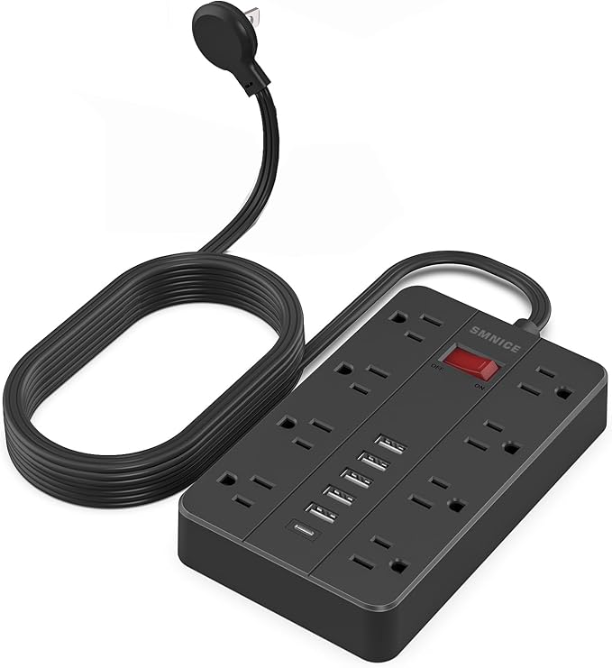 10 Ft Extension Cord Surge Protector SMNICE 8 Widely Spaced Outlets and 6 USB (1 USB C) Charging Ports Flat Plug Power Strip Desktop Power Cord for Travel Home Office Accessories Black