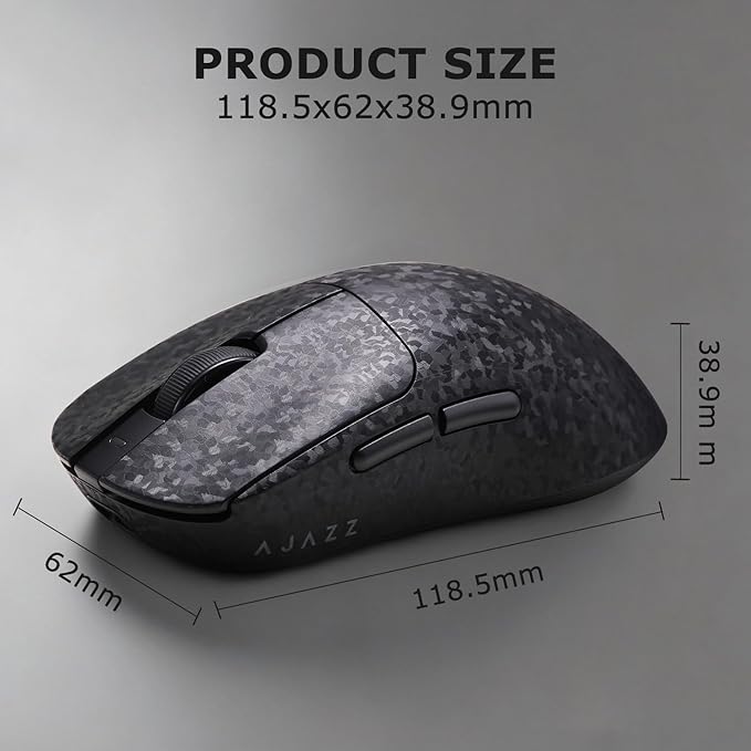 Ajazz AJ199 Wireless Gaming Mouse Carbon Fiber Shell Tri-Mode 2.4G/Bluetooth/USB-C 58g Ultra-Lightweight PAW3311 Sensor up to 24000 DPI 500mAh Battery for PC/Mac/Game/Travel Black