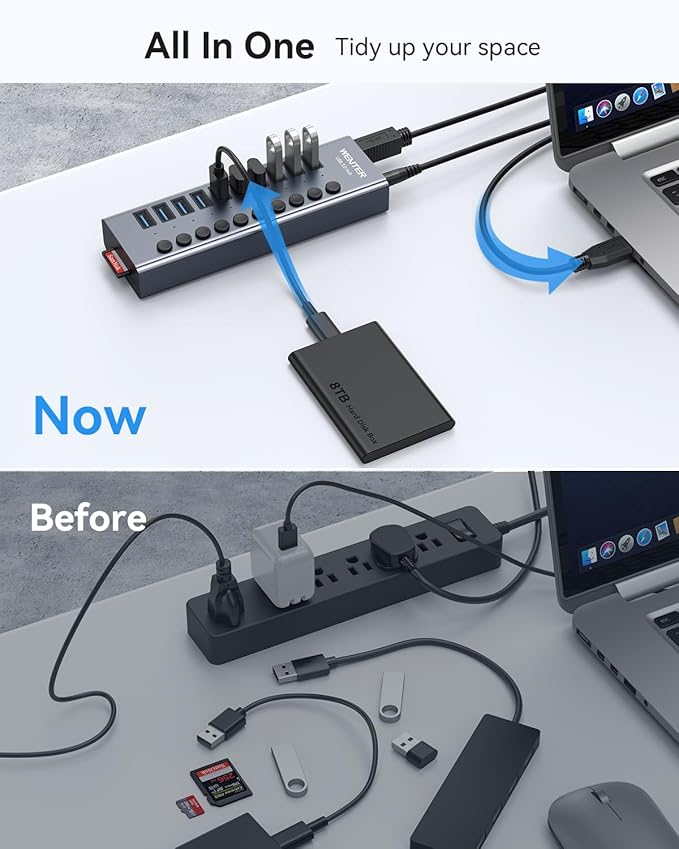 Powered USB 3.0 Hub Wenter 10 Ports 36W Powered USB Hub Aluminum USB Splitter with Individual On/Off Switches SD/TF Card Readers and 12V/3A Power Adapter for PC/Laptops/MacBook Pro/Air/iMac/iPad