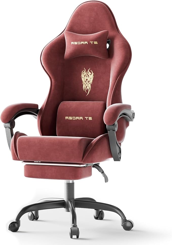 Ferghana Velvet Fabric Gaming Chair Ergonomic Gamer Chair for Adult Comfortable Video Game Chair with Footrest and Massage Lumbar Cushion Racing Reclining Office Home Computer Desk Chair Red