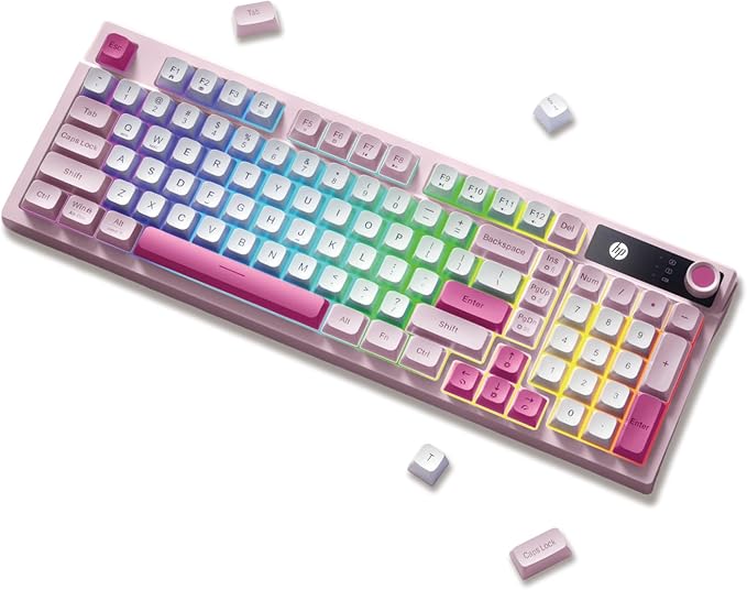 HP K500F Wireless Gaming Keyboard - 98 Keys RGB Backlit Volume Knob Tri-Mode Bluetooth 5.0/2.4GHz/USB-C Wired 3000mAh Rechargeable Membrane Keyboard for Desktop and Laptop (Gradient Pink)