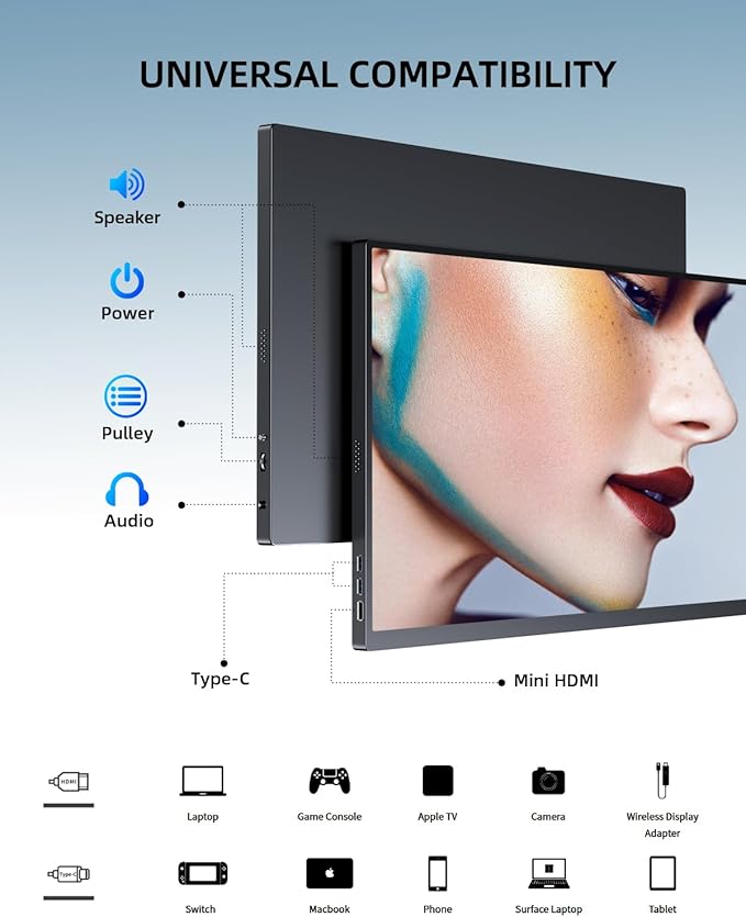 UPERFECT Portable Monitor 18.5 120HZ 100% sRGB Portable Laptop Monitor w/VESA &amp Cover FreeSync HDR Gaming Monitor 350Nits USB-C &amp HDMI Travel External Second Screen for Laptop PC Game Con