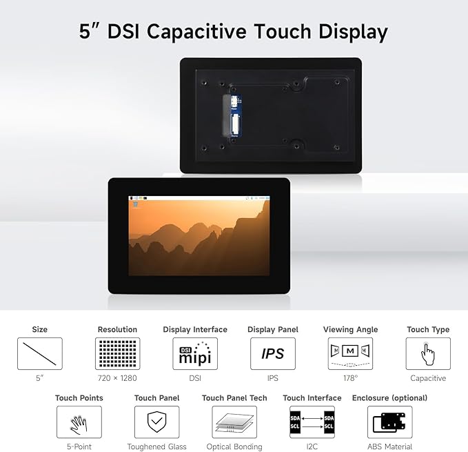Waveshare 5inch DSI Capacitive Touch Display 720×1280 Pixels IPS Panel 5-Point Touch Optical Bonding Toughened Glass Panel