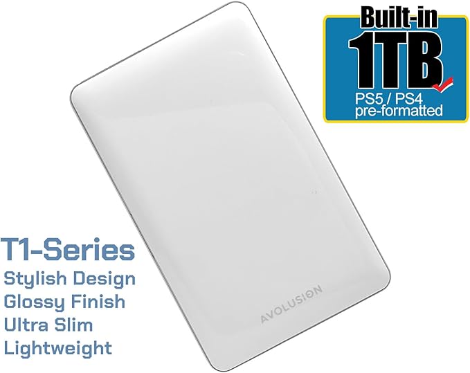 Avolusion T1 Series 1TB USB 3.0 Portable External Gaming Hard Drive - White (for PS4 / PS5 Pre-Formatted) - 2 Year Warranty (Renewed)