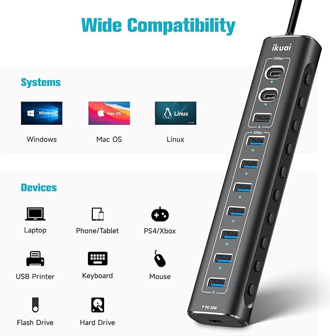 Powered USB Hub 11-Port ikuai Hybrid USB 3.2/ USB C Hub with PD Charging Port and 60W Power Adapter Aluminum USB Splitter Including 3 10Gbps Ports and 7 USB 3.0 Ports for PC Laptop and More