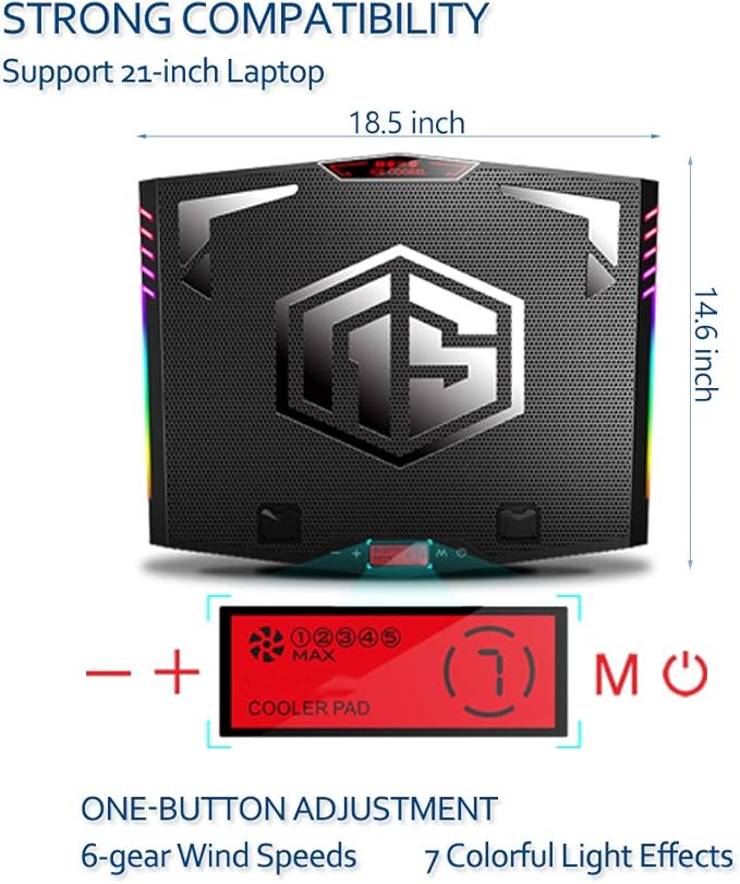 MeFee RGB Laptop Cooling Pad for 15.6-21 Inch Professional Gaming Laptop Cooler with 6 Quiet Fans and Button Control Pure Metal Panel Portable Cooler