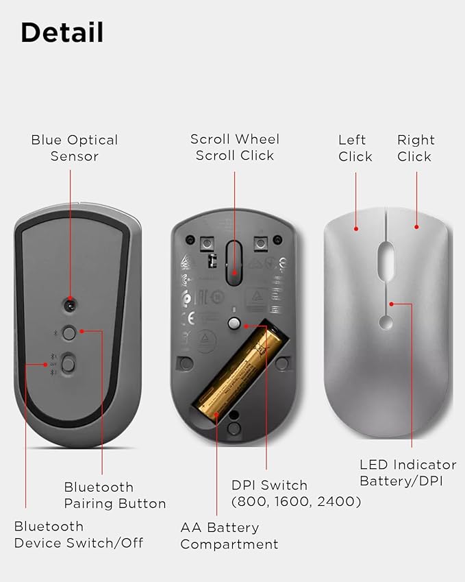 Lenovo 600 Bluetooth Silent Mouse Blue Optical Sensor Adjustable DPI 4 Button Microsoft Swift Pair Windows Chrome GY50X88832 Gray