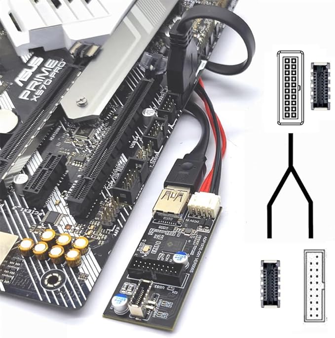 xiwai USB 3.0 19/20Pin &amp Type-E Female Header Splitter to Dual Type-E &amp USB 3.0 20Pin Outputs 5Gbps Black 11cm Cable PC Adapter