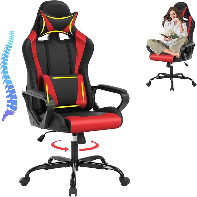 Modern Gaming Chair Ergonomic High Back PU Leather Office Chair with Lumbar Support Red