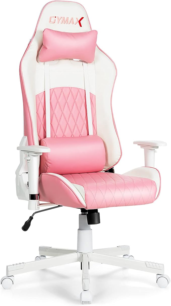 GYMAX Gaming Chair Pink Ergonomic High Back Computer Chair with Headrest &amp Lumbar Support Racing Style Desk Task Rolling Chair for Home Office Gaming Working Studying
