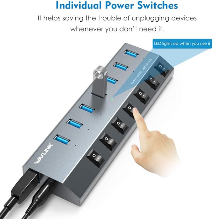 USB Hub 3.0 WAVLINK 7 Port Powered USB 3.0 hub 48W Charging 5V/2.4A Each Ports with Individual Switches LED Indicator USB Extension for Laptop MacBook iMac PC USB Flash Drives