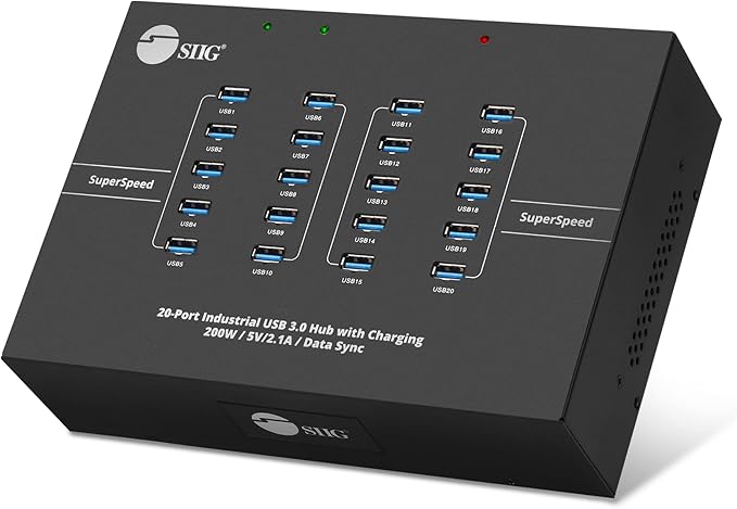 SIIG 20-Port Industrial USB 3.0 Hub with Charging - 200W 5Gbps with 5V/2.1A per Port Powered Multiport Hub Expander for Laptop Tablets Cellphone External HDD Keyboard and Mouse (ID-US0611-S1)