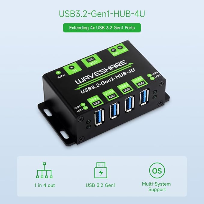Waveshare 4-Ch USB 3.2 Gen1 HUB Compatible with Windows macOS Linux and Android Metal Case with Wall-Mount Support Driver-Free Plug-and-Play