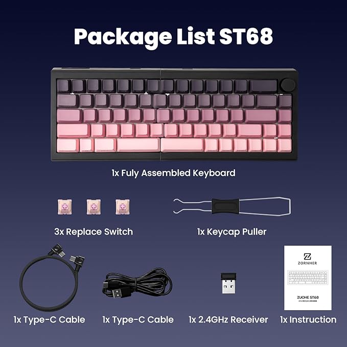 ZORNHER ST68 Wireless Ergonomic Split Mechanical Keyboard65% Pink &amp Purple Creamy Thocky TKL Gaming Keyboard with KnobLighted Up PBT KeycapsCream Switches