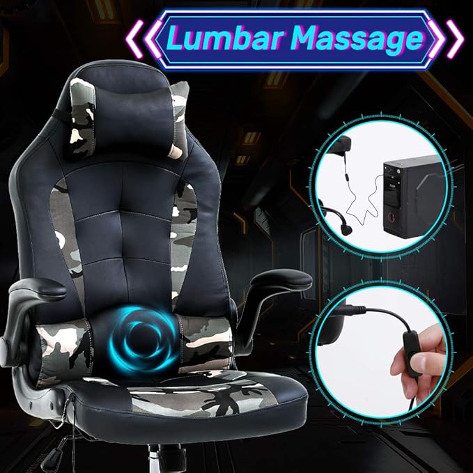 Gaming Chair Ergonomic Home Office Video Game Chairs Massage PU Leather Computer Chair Adjustable Swivel Chairs with Lumbar Support Headrest Camo