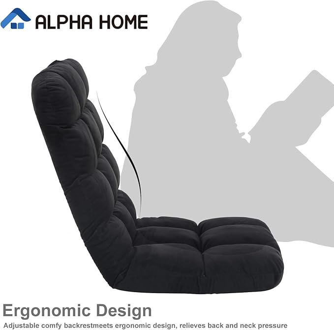 ALPHA HOME Adjustable Floor Chair with Backrest &amp Cushion Dorm Rocker 4 Positions Video Gaming Chair Folding Lazy Sofa Recliner Living Room Seating Lounge Chair for Reading Watching TVBalck