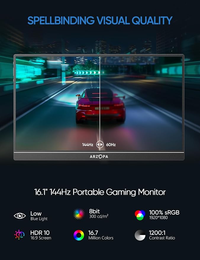 ARZOPA Portable Monitor &amp Sleeve16.1'' 144Hz 1080P FHD Laptop Monitor &amp PU Sleeve Bag Combination