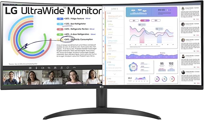 LG 34 Inches 21:9 Curved Ultra Wide Monitor WQHD(3440 x 1440 Pixels) sRGB 99%(Typ) HDR 10 Dual Controller PBP Flicker Safe Smart Energy Saving HDMI DP Head Phone OutTilt Black 34WR50QC