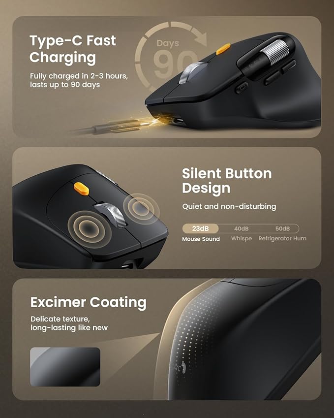 ProtoArc Ergonomic Bluetooth Mouse EM25 USB Wireless Mouse Fast Scrolling &amp Thumb Scroll Wheel Buttons Customizations 8000 DPI Quiet Rechargeable Compatible with Windows/Mac/Android Black