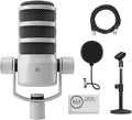 Rode PodMic Dynamic Podcasting Microphone | White Bundle with Pop Filter + Desktop Microphone Stand + XLR Cable + Cleaning Cloth (5 Item)