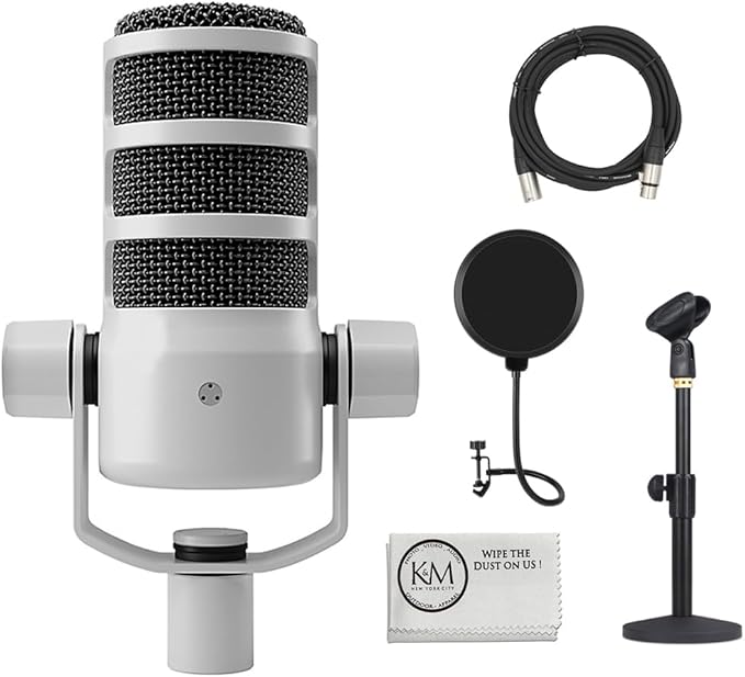 Rode PodMic Dynamic Podcasting Microphone | White Bundle with Pop Filter + Desktop Microphone Stand + XLR Cable + Cleaning Cloth (5 Item)