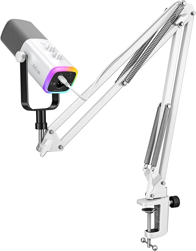 FIFINE Gaming XLR/USB Microphone Kit Streaming Dynamic Mic Set for PC Computer Mic for Vocal Podcast Recording Voiceover with Headphones Jack Gain Knob Arm Stand-AmpliGame AM8T White
