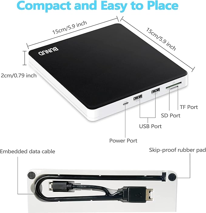 BUNUD External DVD Burner USB-C: Portable DVD External Drive for Apple Superdrive with 2 USB and TF/SD Slots - Plug &amp Play CD Drive External for Mac Laptop Windows 11