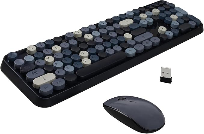 Wireless Keyboard and Mouse Combo Retro Typewriter Style Bubble Keyboard with Round Keycaps 2.4GHz Full Size Mixed Color Aesthetic Keyboards and 3 DPI Mouse Set for PC Laptop Desktop - Black Grey