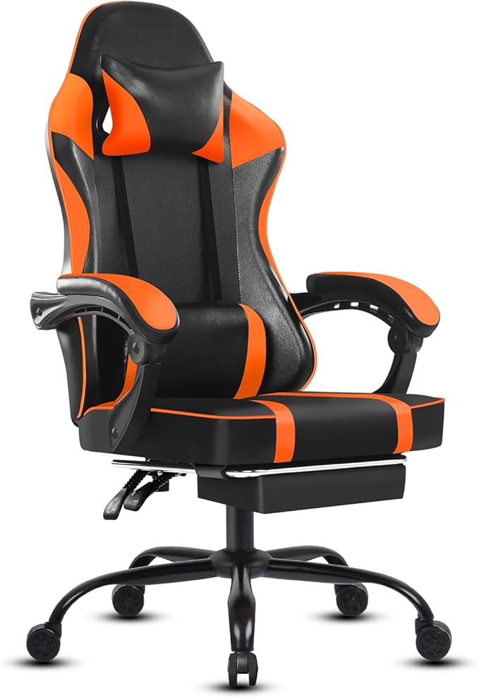 Video Game Chairs for Adults PU Leather Gaming Chair with Footrest 360°Swivel Adjustable Lumbar Pillow Gamer Chair Comfortable Computer Chair for Heavy People Orange