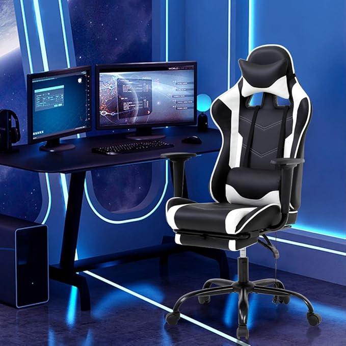 PC Gaming Chair High Back Executive Office Chair Pu Leather Computer Chair Racing Lumbar Support Slide-Out Footrest Adjustable Swivel Video Game ChairWhite…