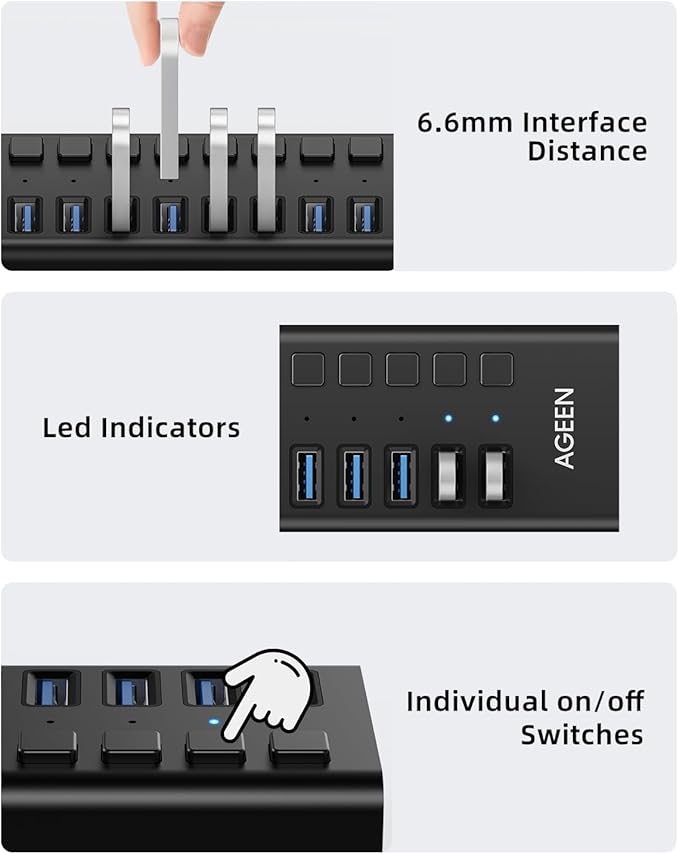 AGEEN 16-Port USB 3.2 Gen 2 Hub 10Gbps High-Speed Aluminum Powered Hub with 96W Adapter Individual Switches &amp Surge Protection for PC/Laptop Flash Drive Printer Camera
