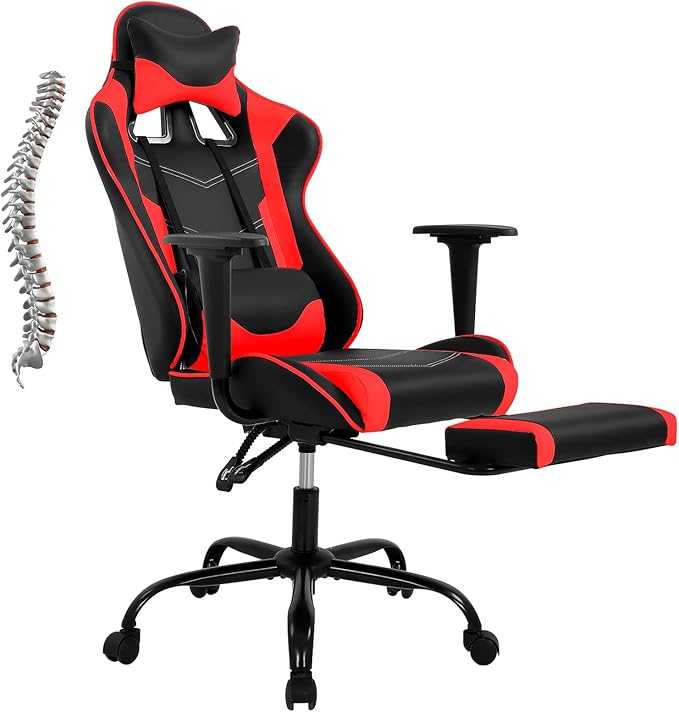 Gaming Chair With Footrest and Massage Lumbar Support Height Adjustable High Back Reclining Computer Chair for Adults - 360-Swivel Red