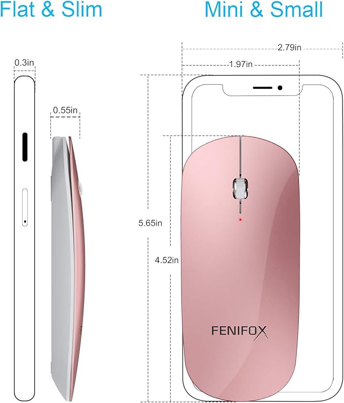 FENIFOX Bluetooth Mouse Slim Whisper-Quiet Mini Flat Portable Mobile Mice Rechargeable Compatible with LaptopPCAndroid Windows Tablet (Rose Gold)