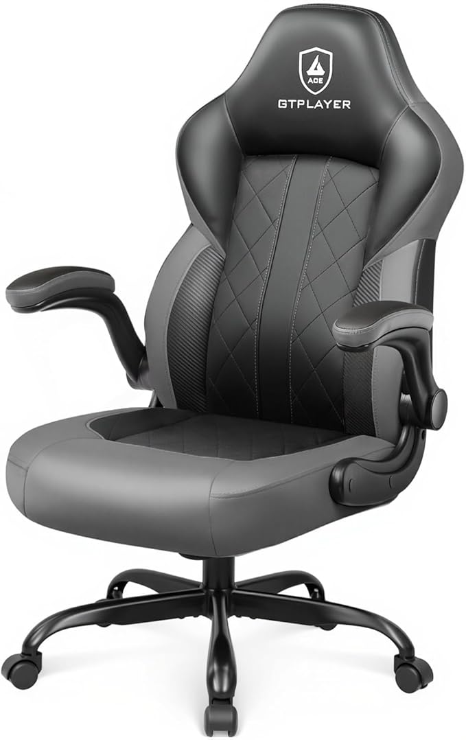 GTPLAYER Video Gaming Chair Ergonomic Computer Gaming Chair with Flip-Up Armrests and Adjustable Height Comfortable Desk Chairs with Built-in Lumbar Support Recliner with 360°Swivel (Dark Gray)