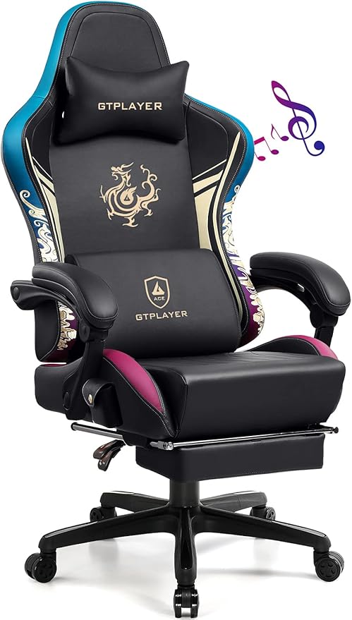 GTPLAYER Gaming Chair with Bluetooth Speakers and Footrest Dragon Series Video Game Chair Heavy Duty Ergonomic Chair Esports Gaming Chair Computer Office Desk Chair(DEEP Black)