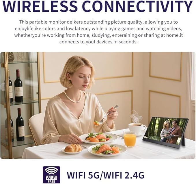QQU 15.6 Inch Wireless Portable Monitor WiFi Connect HDR Eye Careful Gaming Monitor FHD IPS/HDR Computer Screen Extender with Built-in Speakers Compatible with Laptop PC Phone PS4/PS5 Switch