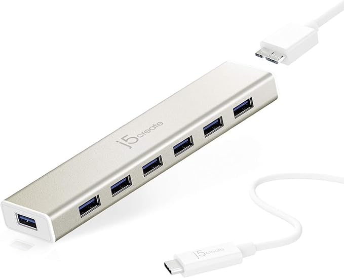 j5create USB Type-C to 7-Port USB 3.0 Data Hub with 3 ft Extended Cale [20W Power Adapter Included] for Mac MacBook Windows Laptop Surface XPS Chromebook PC (JCH377)