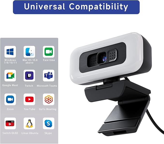 4K Webcam with Light Webcam for PC with Microphone USB Computer Camera for Desktop Web cam with Tripod Plug and Play Web Camera for Desktop Computer
