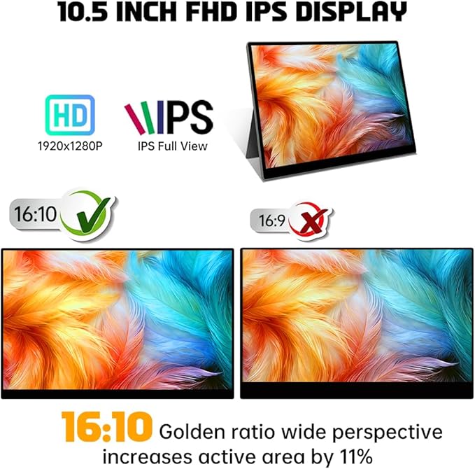 Portable Small Monitor 10.5 inch USB C 100% sRGB 1500:1 FHD 1920x1280 IPS Touch Ultra-Thin External Second Screen Display for Gaming Computer PC Phone Mac