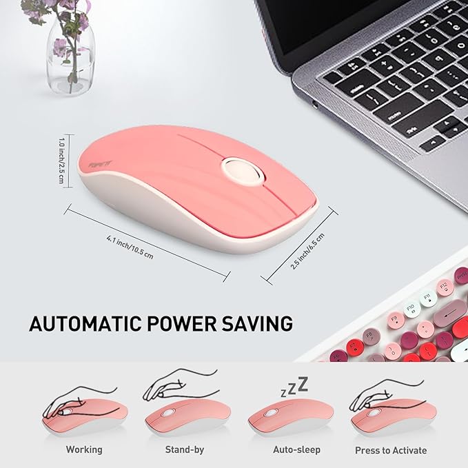 FOPETT 2.4GHz Wireless Keyboard and Mouse Set with Switch Button - Full-Size Keyboard - Compatible for Windows/Laptop/PC/Notebook/Smart TV and More - White Colorful