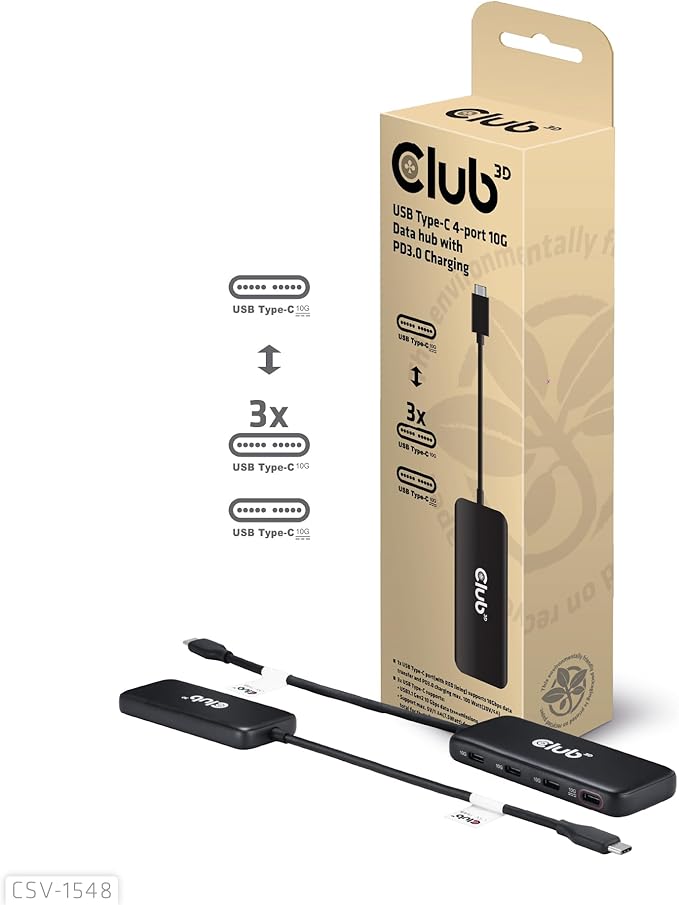 Club 3D CSV-1548 USB Type-C Hub with 4 Ports 10G Data Transfer PD3.0 Charging- Compatible with Gen2 USB Peripherals- 10Gbps Data Transfer Rate