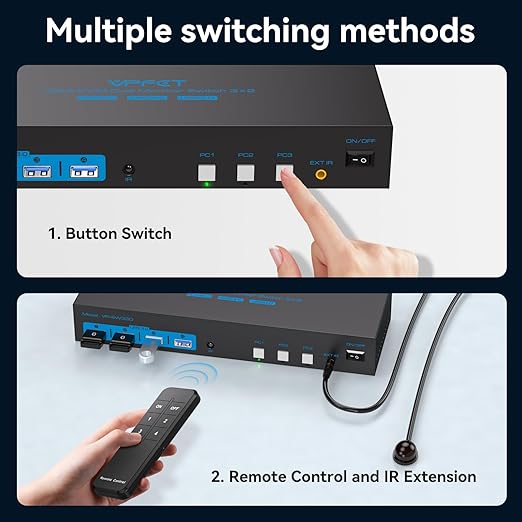 HDMI KVM Switch 2 Monitors 3 Computers EDID Simulation 4K@60Hz 3 Ports KVM Switches Dual Monitor for 3 PC Share 4 USB 3.0 Ports and 2 Screens with 3 USB Cables