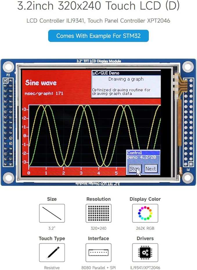 waveshare 3.2 Inch 320x240 Multicolor Graphic LCD with Touch Panel and Stand-Alone Controllers
