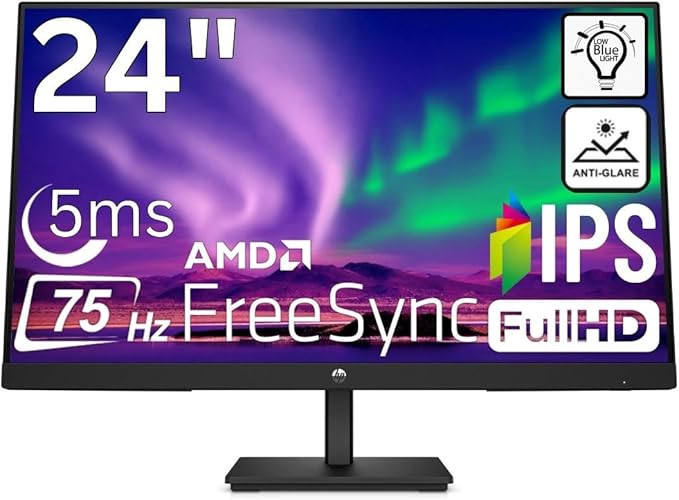 HP V24i G5 24 Inch Computer PC Monitor Full HD IPS 60Hz Refresh Rate 5ms Response Time 250 Nits Brightness AMD FreeSync Anti-Glare Low Blue Light HDMI DisplayPort Black (Renewed)