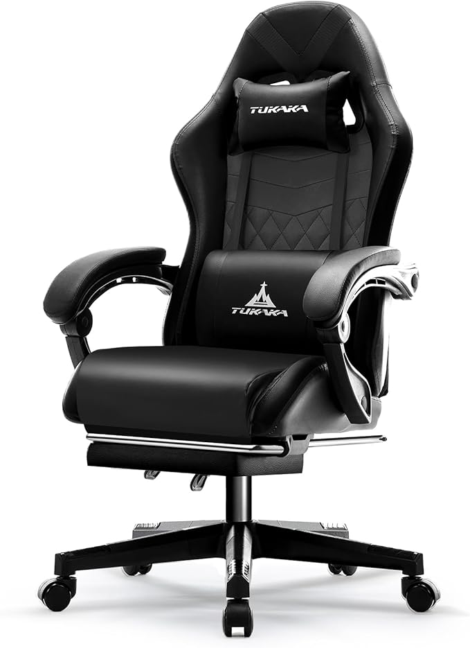 Gaming ChairErgonomic Massage Computer Office Desk Chair with FootrestPocket Spring CushionReclining Leather Adjustable Gamer Chair with Headrest and Lumbar SupportBlack