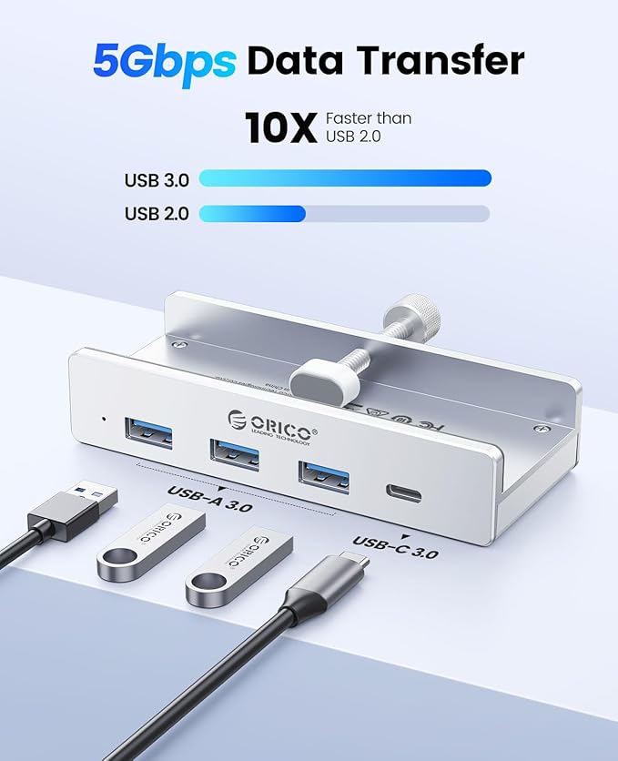 ORICO USB Hub 3.0 Clamp USB Hub with Extra Power Port 3 USB-A Data Ports USB-C Port for Monitors Desks(Silver)