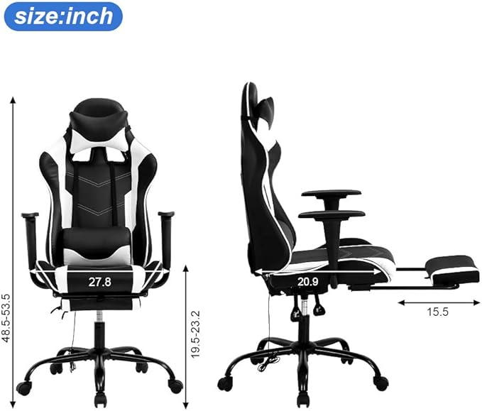 SNANA Modern White Gaming Chair High Back PU Leather Ergonomic Adult 250 lbs Capacity 17.7 D x 26.4 W x 33 H